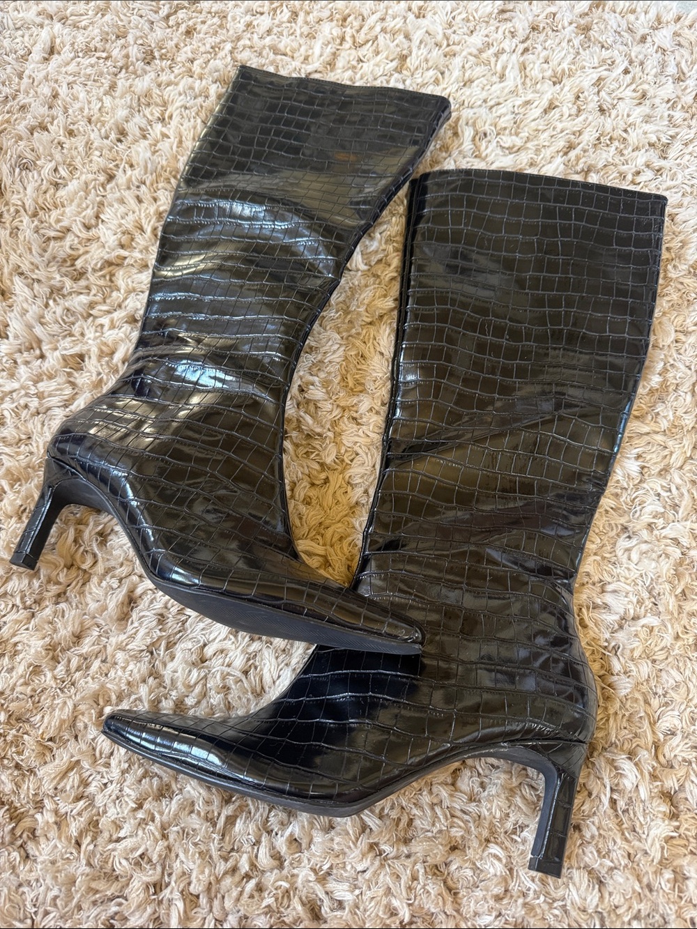 Black Croc-Embossed Knee Boots - Classic Women's Dress Boots